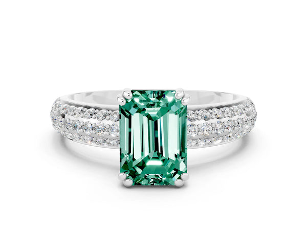 White gold Emerald Cut Green Sapphire Solitaire Ring with Multi-Row Round Pavé Band and Prong Setting
