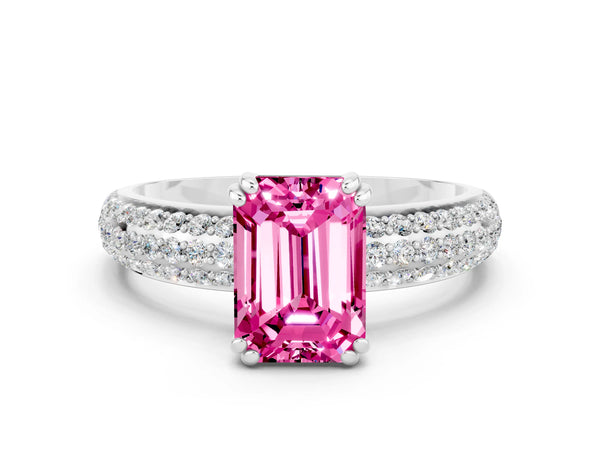 Silver Emerald Cut Pink Sapphire Solitaire Ring with Multi-Row Round Pavé Band and Prong Setting