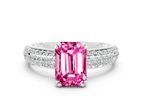 White gold Emerald Cut Cut Pave Diamond Engagement Ring with Channel Set Band and Four-Prong Setting