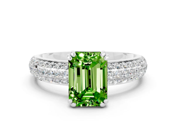 White gold Emerald Cut Cut Pave Diamond Engagement Ring with Channel Set Band and Four-Prong Setting