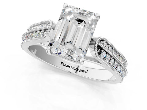 Silver 0.55 Carat E VVS1 Princess Cut Pave Split Shank Engagement Ring with Four-Prong Setting