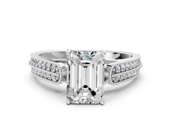 Platinum Princess Cut Vintage Engagement Ring Setting with Double Row Pave Band and Milgrain