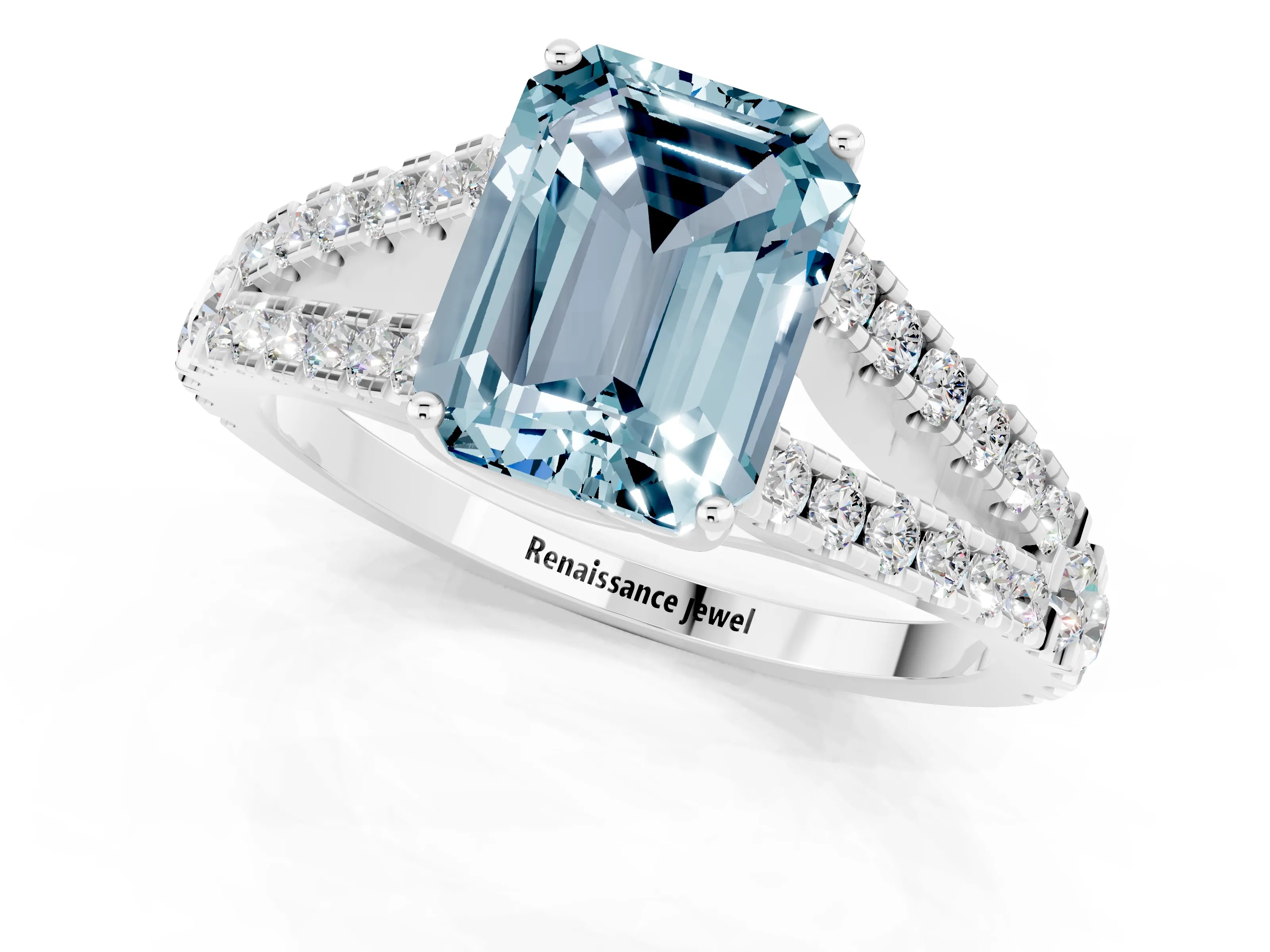 White gold Emerald Cut Cut Split Shank Pave Diamond Engagement Ring with Four-Prong Setting_1