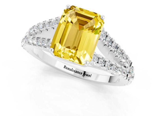 White gold Emerald Cut Yellow Sapphire Split Shank Engagement Ring with Round Pavé and Prong Setting