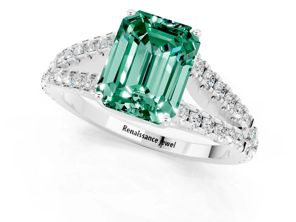 Silver Emerald Cut Green Sapphire Split Shank Engagement Ring with Round Pavé and Prong Setting
