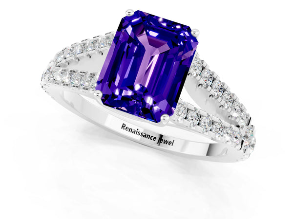 White gold Emerald Cut Tanzanite Split Shank Engagement Ring with Round Pavé and Prong Setting