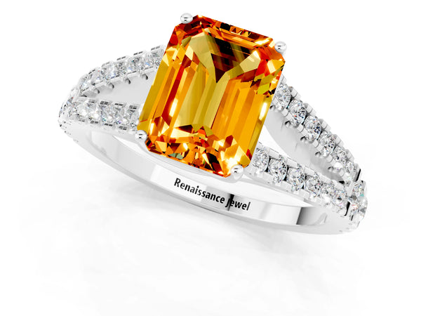 Silver Emerald Cut Citrine Split Shank Engagement Ring with Round Pavé and Prong Setting