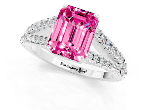 White gold Emerald Cut Cut Split Shank Pave Diamond Engagement Ring with Four-Prong Setting_1
