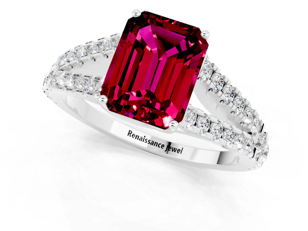 Silver Emerald Cut Garnet Split Shank Engagement Ring with Round Pavé and Prong Setting