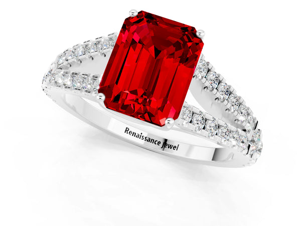 Silver Emerald Cut Ruby Split Shank Engagement Ring with Round Pavé and Prong Setting