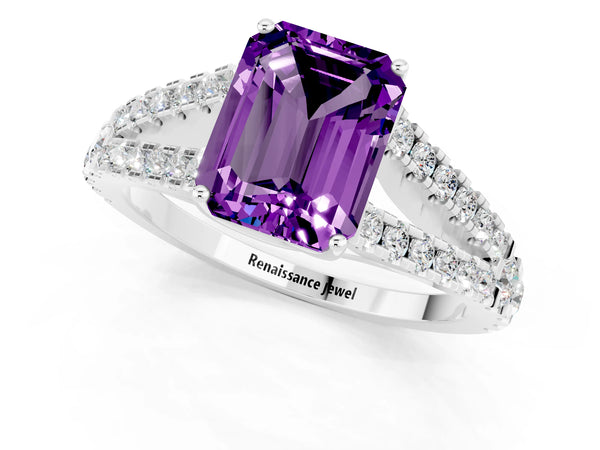 Silver Emerald Cut Amethyst Split Shank Engagement Ring with Round Pavé and Prong Setting