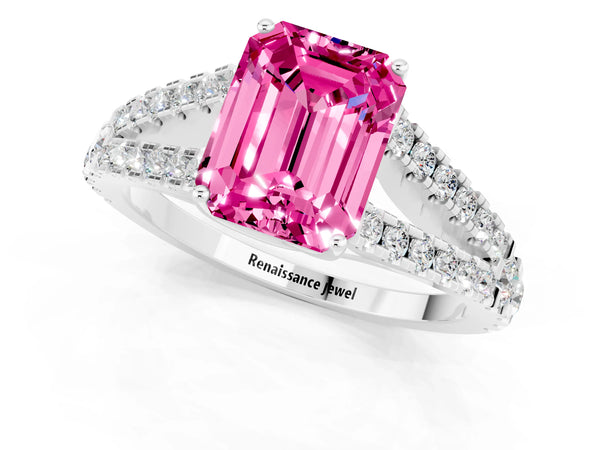 White gold Emerald Cut Pink Sapphire Split Shank Engagement Ring with Round Pavé and Prong Setting