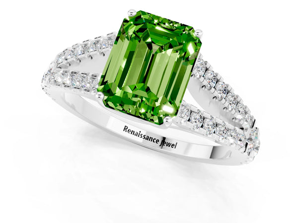 White gold Emerald Cut Cut Split Shank Pave Diamond Engagement Ring with Four-Prong Setting