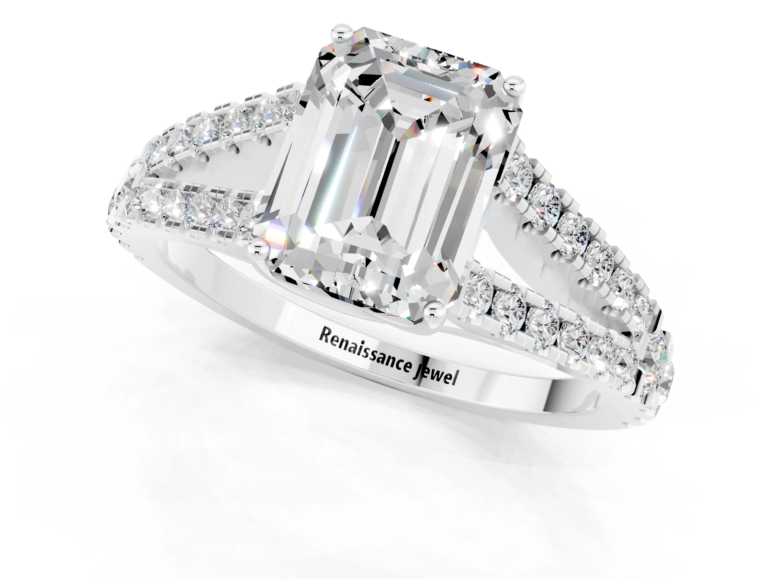White gold Emerald Cut Cut Split Shank Pave Diamond Engagement Ring with Four-Prong Setting_1