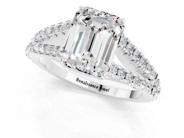 Silver Emerald Cut Moissanite Split Shank Engagement Ring with Round Pavé and Prong Setting