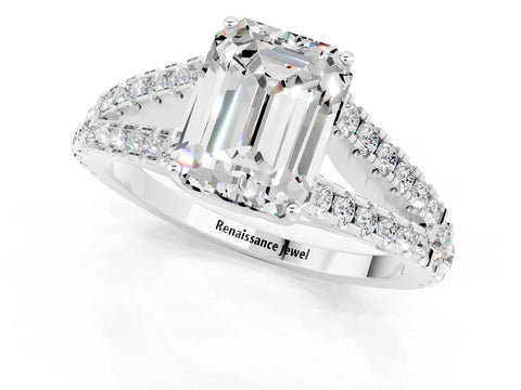 White gold Emerald Cut Cut Split Shank Pave Diamond Engagement Ring with Four-Prong Setting_1