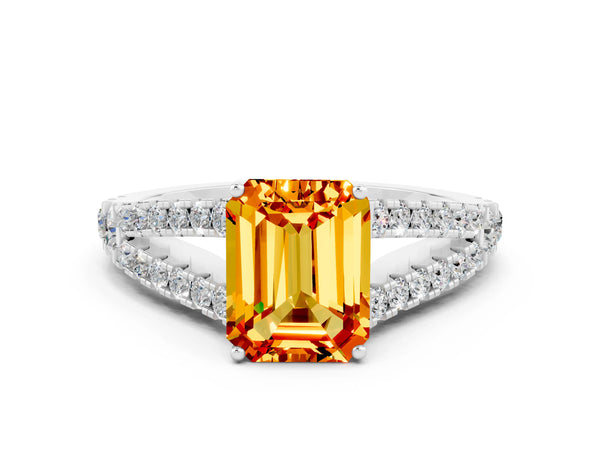 Platinum Emerald Cut Citrine Split Shank Engagement Ring with Round Pavé and Prong Setting