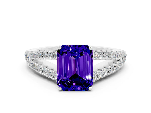 Silver Emerald Cut Tanzanite Split Shank Engagement Ring with Round Pavé and Prong Setting