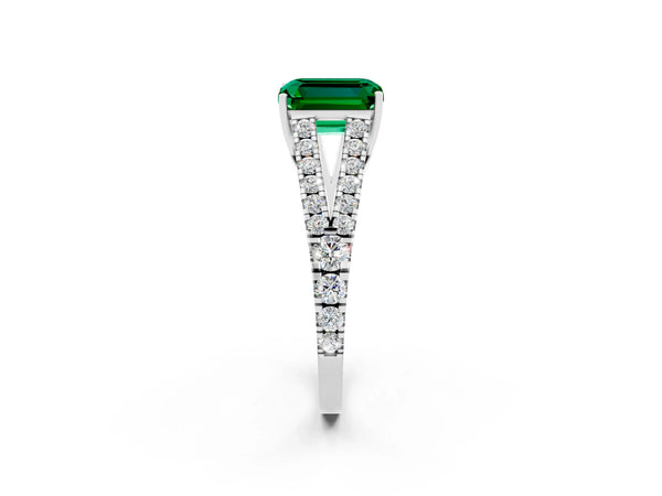 White gold Emerald Cut Emerald Split Shank Engagement Ring with Round Pavé and Prong Setting
