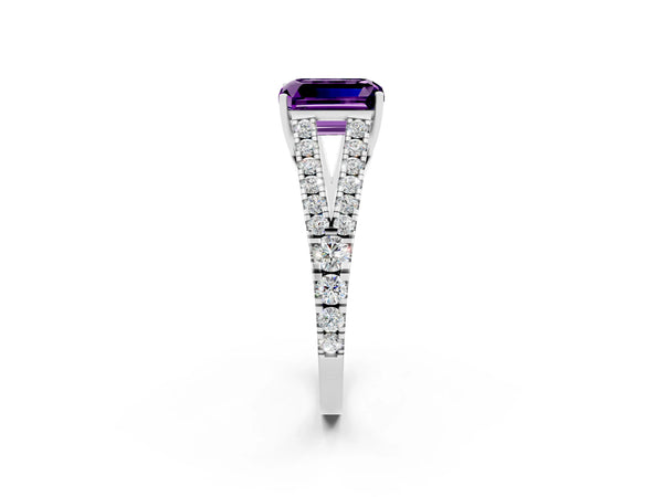 Silver Emerald Cut Amethyst Split Shank Engagement Ring with Round Pavé and Prong Setting