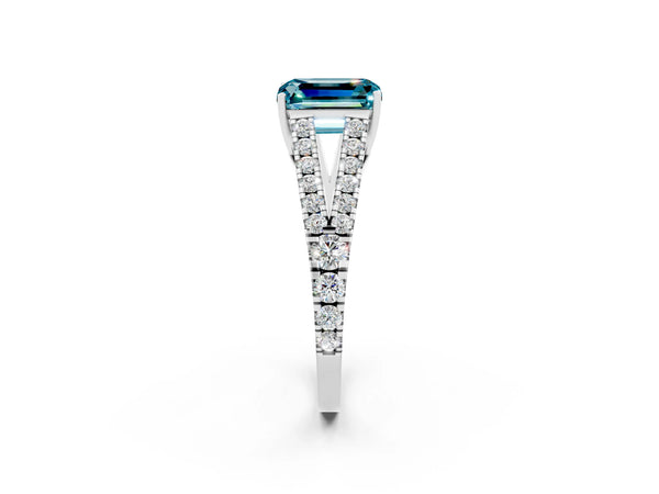 Platinum Emerald Cut Cut Split Shank Pave Diamond Engagement Ring with Four-Prong Setting