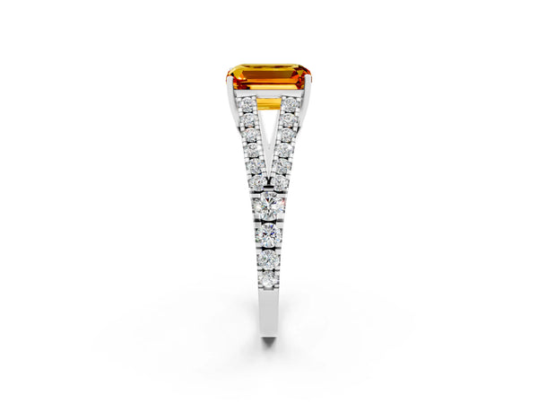 Platinum Emerald Cut Citrine Split Shank Engagement Ring with Round Pavé and Prong Setting