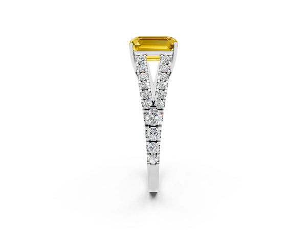 Silver Emerald Cut Yellow Sapphire Split Shank Engagement Ring with Round Pavé and Prong Setting