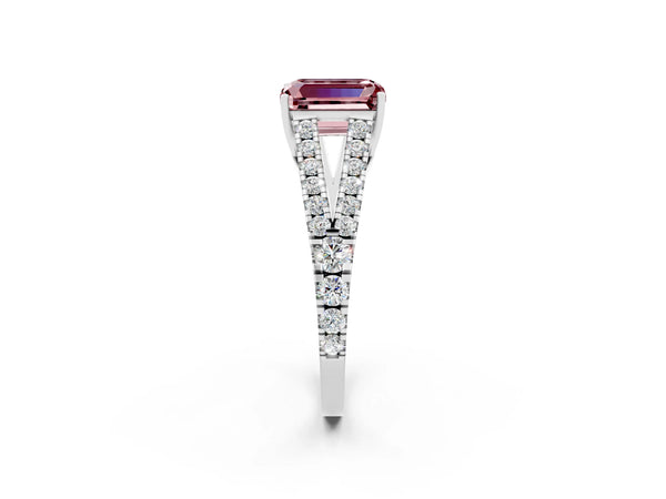 Silver Emerald Cut Cut Split Shank Pave Diamond Engagement Ring with Four-Prong Setting