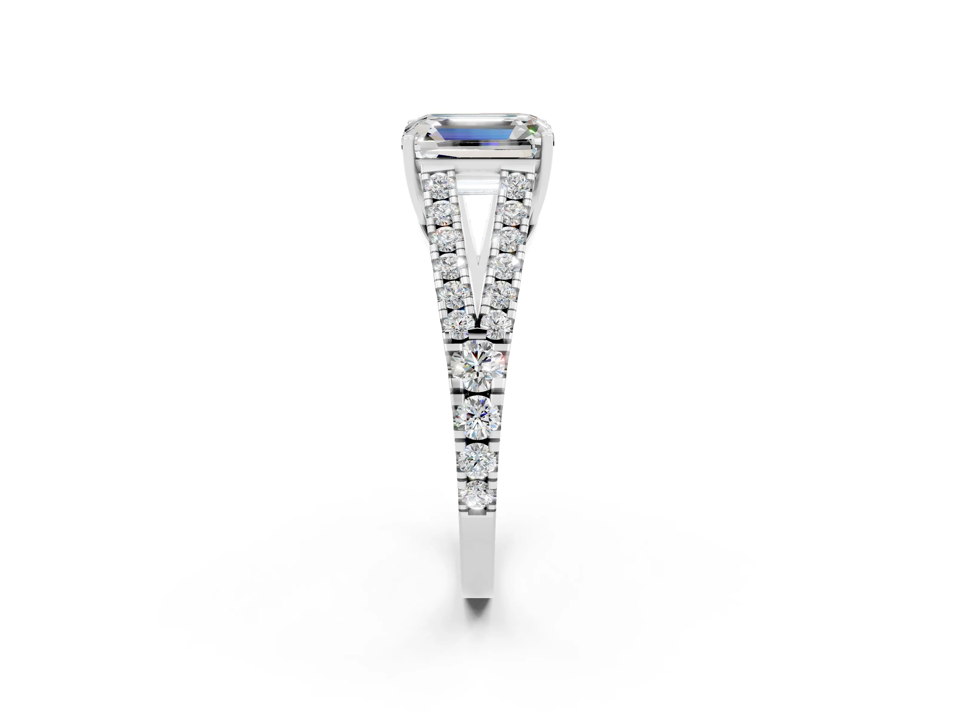 White gold Emerald Cut Cut Split Shank Pave Diamond Engagement Ring with Four-Prong Setting_2