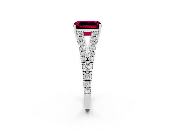 Silver Emerald Cut Garnet Split Shank Engagement Ring with Round Pavé and Prong Setting