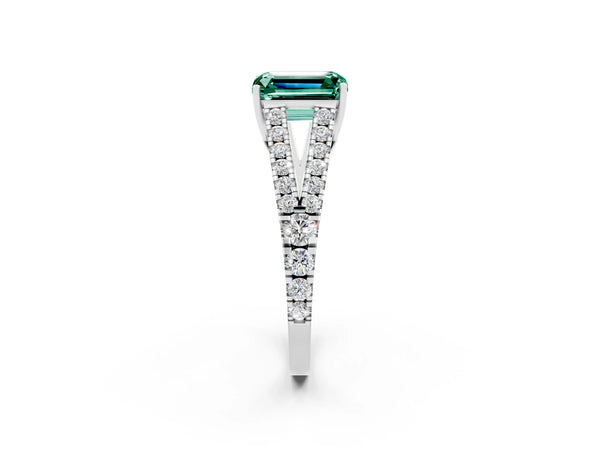Platinum Emerald Cut Green Sapphire Split Shank Engagement Ring with Round Pavé and Prong Setting