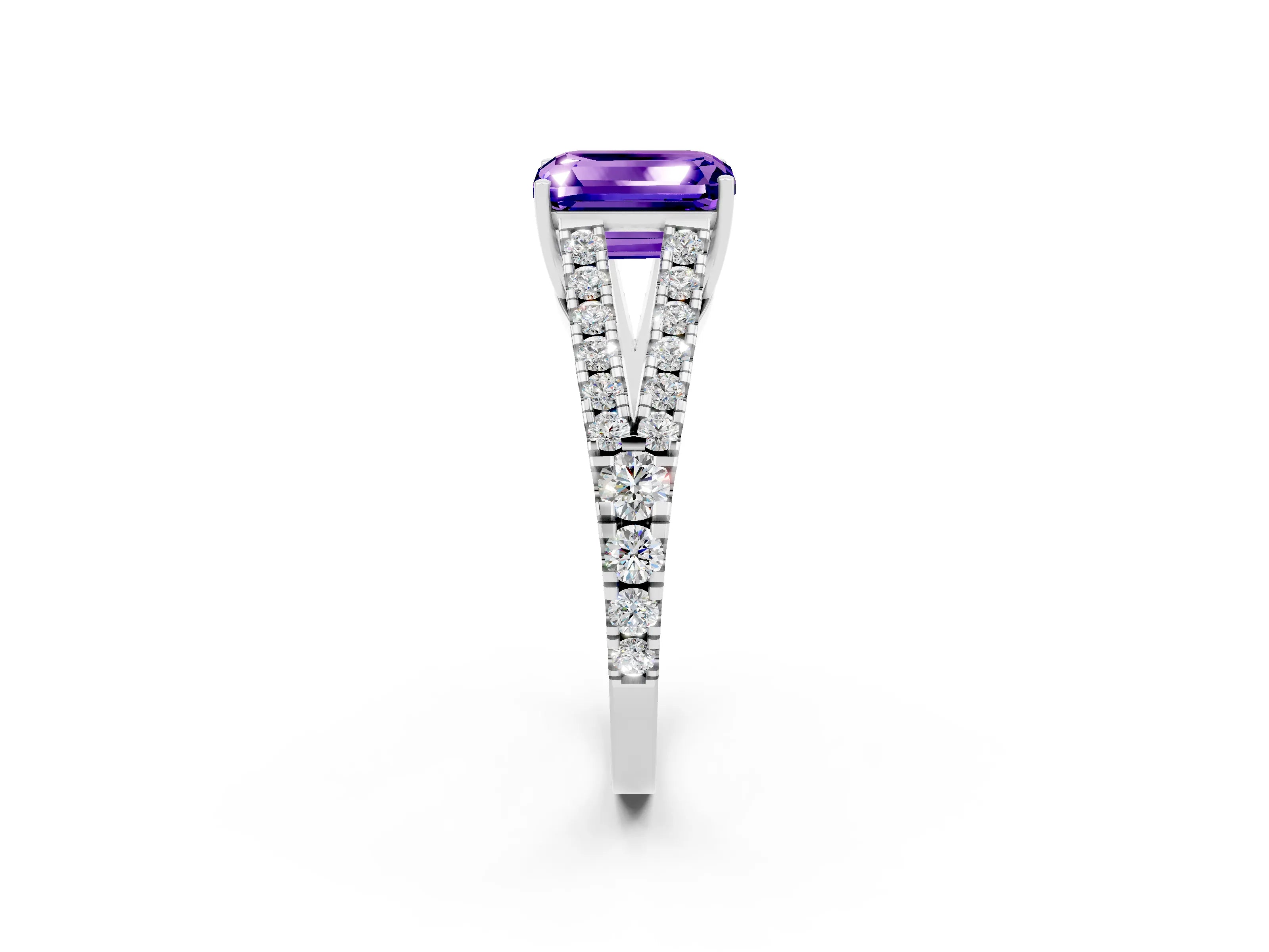 White gold Emerald Cut Cut Split Shank Pave Diamond Engagement Ring with Four-Prong Setting_2