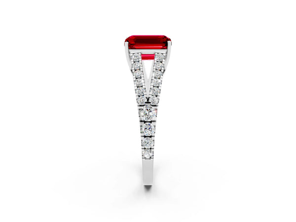 Platinum Emerald Cut Ruby Split Shank Engagement Ring with Round Pavé and Prong Setting
