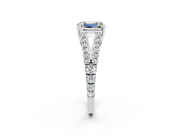 White gold Emerald Cut Moissanite Split Shank Engagement Ring with Round Pavé and Prong Setting