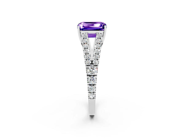 Silver Emerald Cut Tanzanite Split Shank Engagement Ring with Round Pavé and Prong Setting