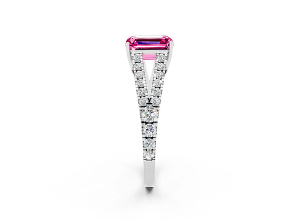 Silver Emerald Cut Pink Sapphire Split Shank Engagement Ring with Round Pavé and Prong Setting