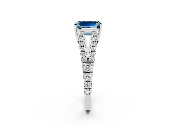Silver Emerald Cut Aquamarine Split Shank Engagement Ring with Round Pavé and Prong Setting