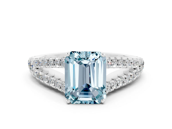 Silver Emerald Cut Aquamarine Split Shank Engagement Ring with Round Pavé and Prong Setting