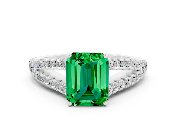 Silver Emerald Cut Emerald Split Shank Engagement Ring with Round Pavé and Prong Setting