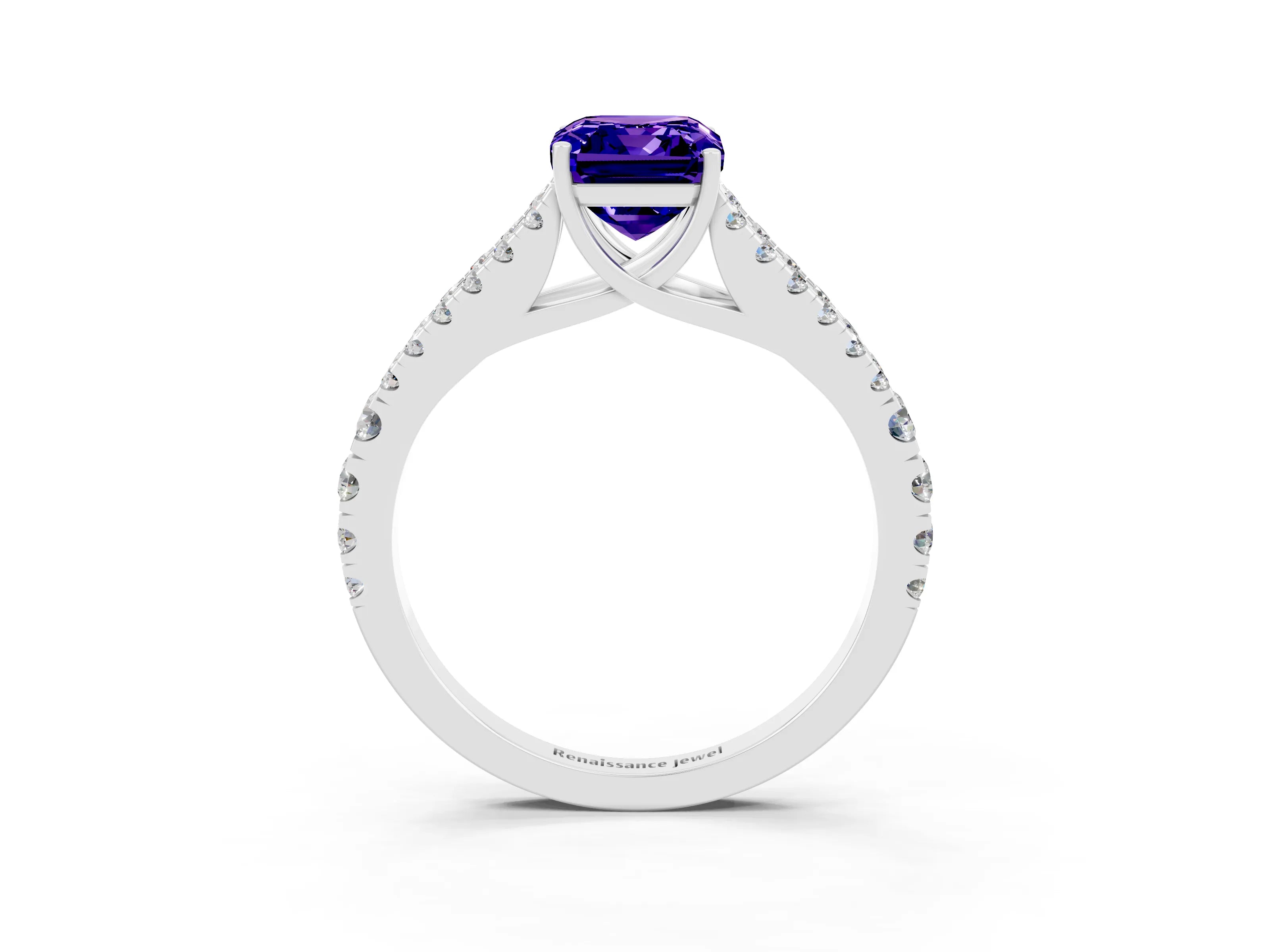 White gold Emerald Cut Cut Split Shank Pave Diamond Engagement Ring with Four-Prong Setting_3