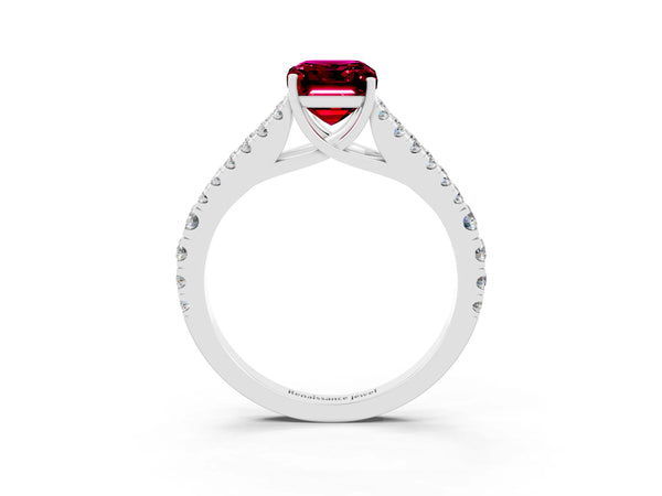 Silver Emerald Cut Garnet Split Shank Engagement Ring with Round Pavé and Prong Setting