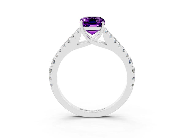 Silver Emerald Cut Amethyst Split Shank Engagement Ring with Round Pavé and Prong Setting