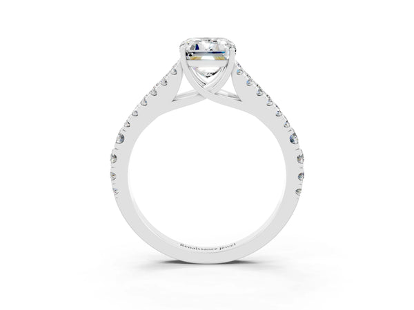 Silver Emerald Cut Moissanite Split Shank Engagement Ring with Round Pavé and Prong Setting