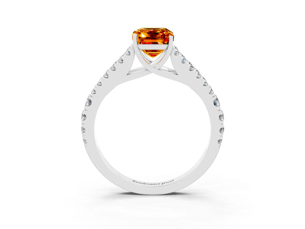 Platinum Emerald Cut Citrine Split Shank Engagement Ring with Round Pavé and Prong Setting