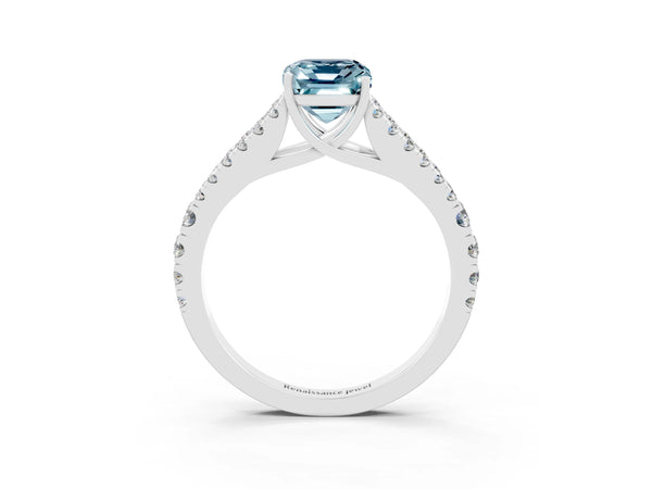 Silver Emerald Cut Aquamarine Split Shank Engagement Ring with Round Pavé and Prong Setting