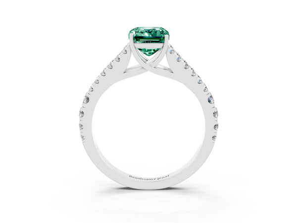 Platinum Emerald Cut Green Sapphire Split Shank Engagement Ring with Round Pavé and Prong Setting