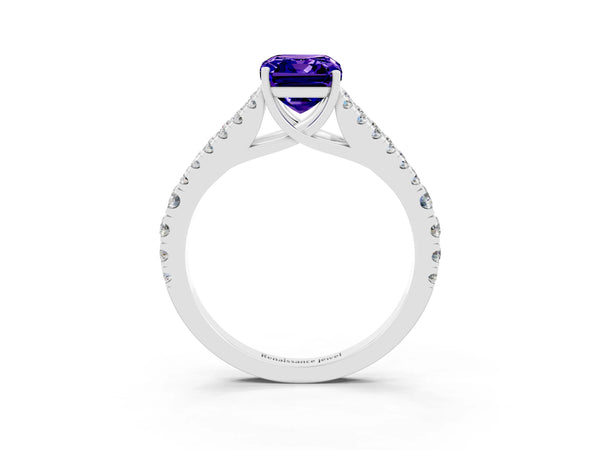 White gold Emerald Cut Tanzanite Split Shank Engagement Ring with Round Pavé and Prong Setting