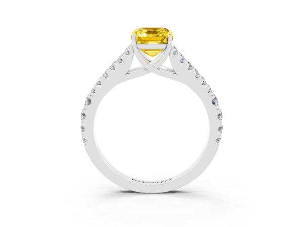Silver Emerald Cut Yellow Sapphire Split Shank Engagement Ring with Round Pavé and Prong Setting
