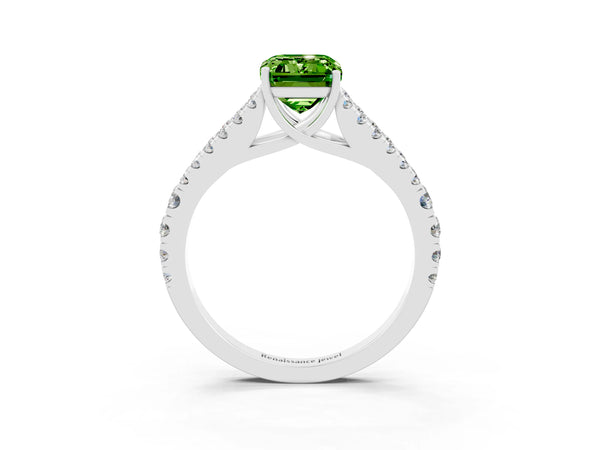 White gold Emerald Cut Cut Split Shank Pave Diamond Engagement Ring with Four-Prong Setting