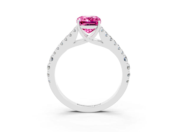 White gold Emerald Cut Pink Sapphire Split Shank Engagement Ring with Round Pavé and Prong Setting